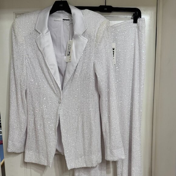 NEW with Tags $800 2pc Rotate Birger Christensen White Sequin Jacket and Pants 8